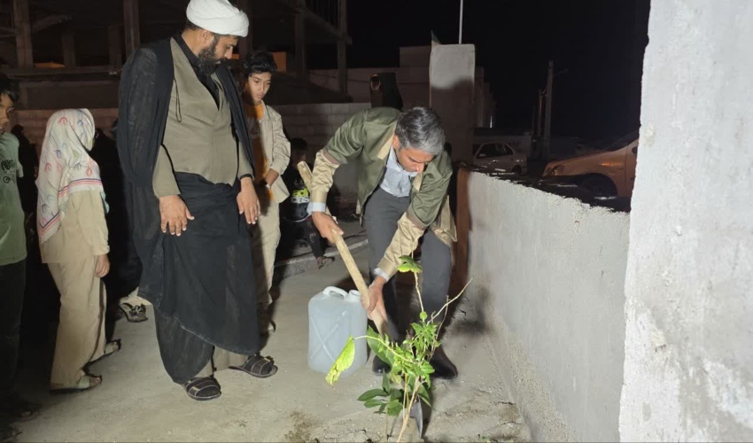 کاشت و توزیع نهال در تجمع شبانه شهر بندرجاسک به یاد شهدای جنگ تحمیلی اخیر